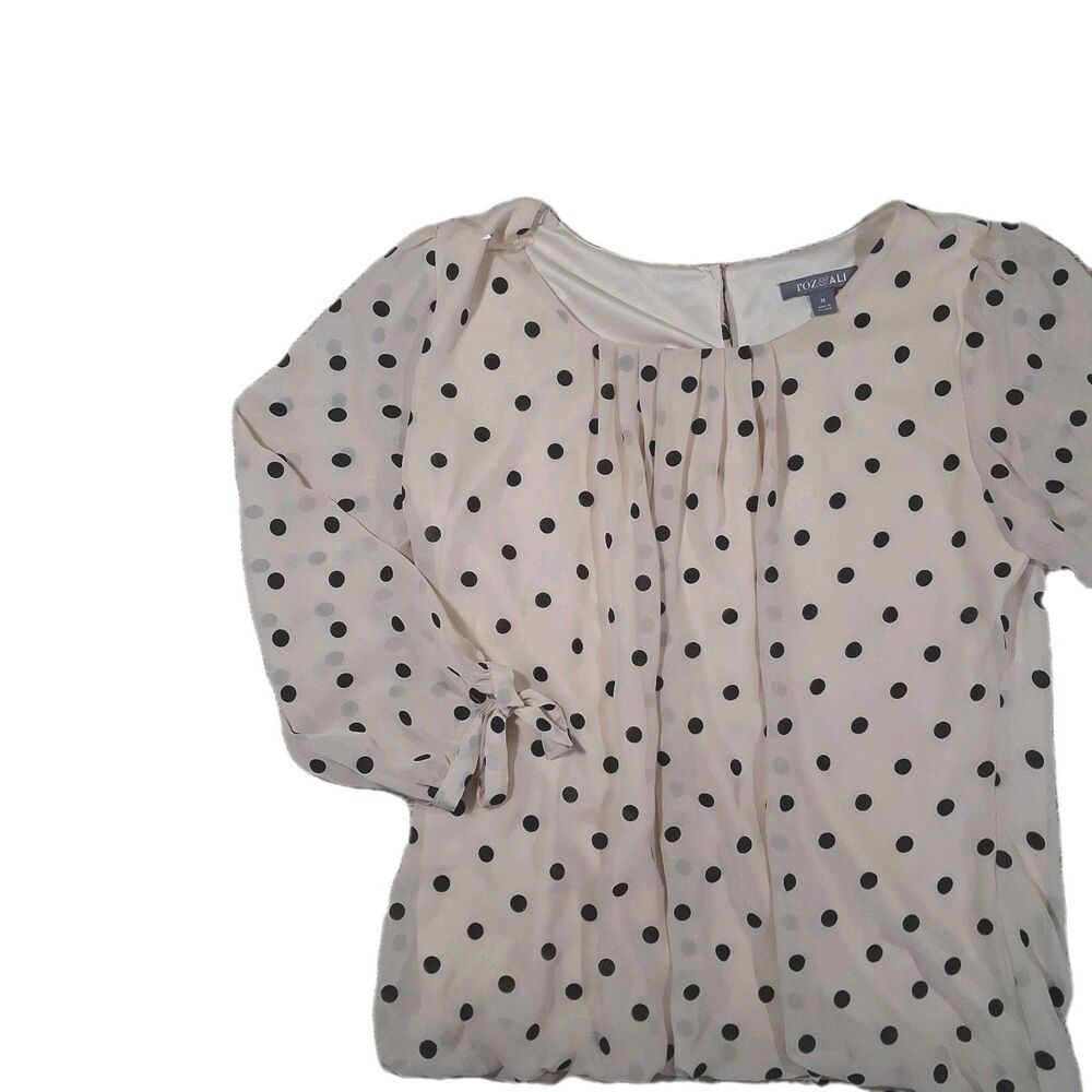Roz & Ali Polka Dot Blouse Cream Black Tie Sleeve Bow Cuff Round Neck Top SZ M - Picture 4 of 10